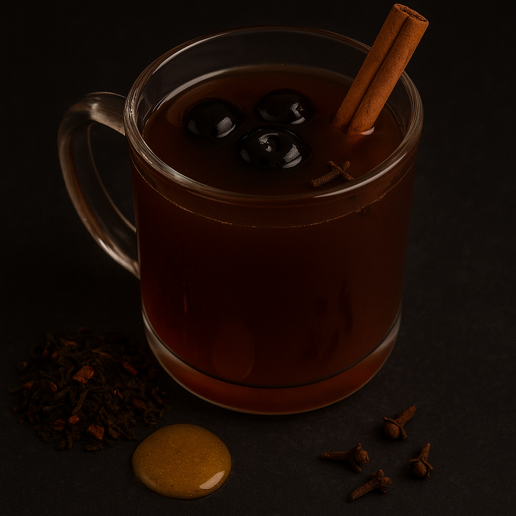 Almond cherry hot toddy — warm spiced cocktail with cinnamon stick and star anise, The Tea Tree