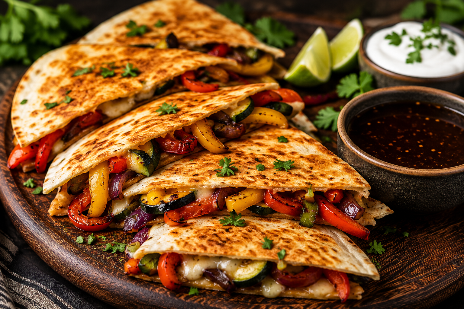 Golden fajita-spiced roasted veggie quesadillas filled with bell peppers, zucchini, red onion, and melted pepper jack cheese served with honey balsamic dipping sauce and sour cream on a rustic wood platter.