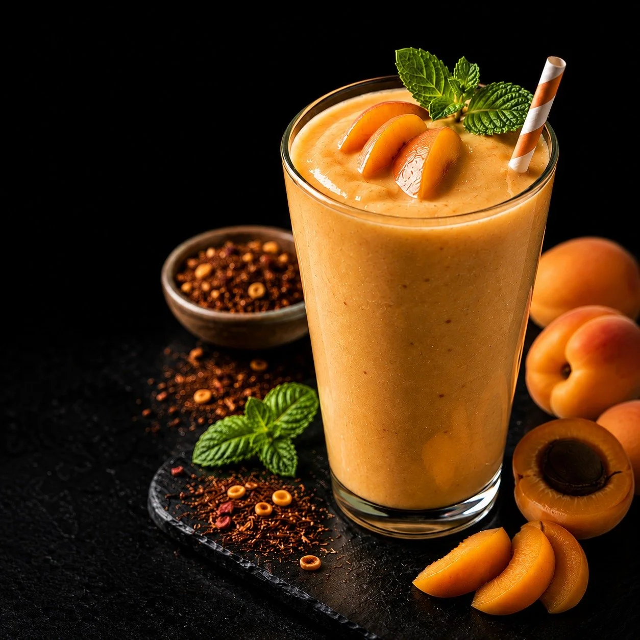 Apricot Sorbet tea smoothie with peaches, banana, Greek yogurt, and fresh mint.