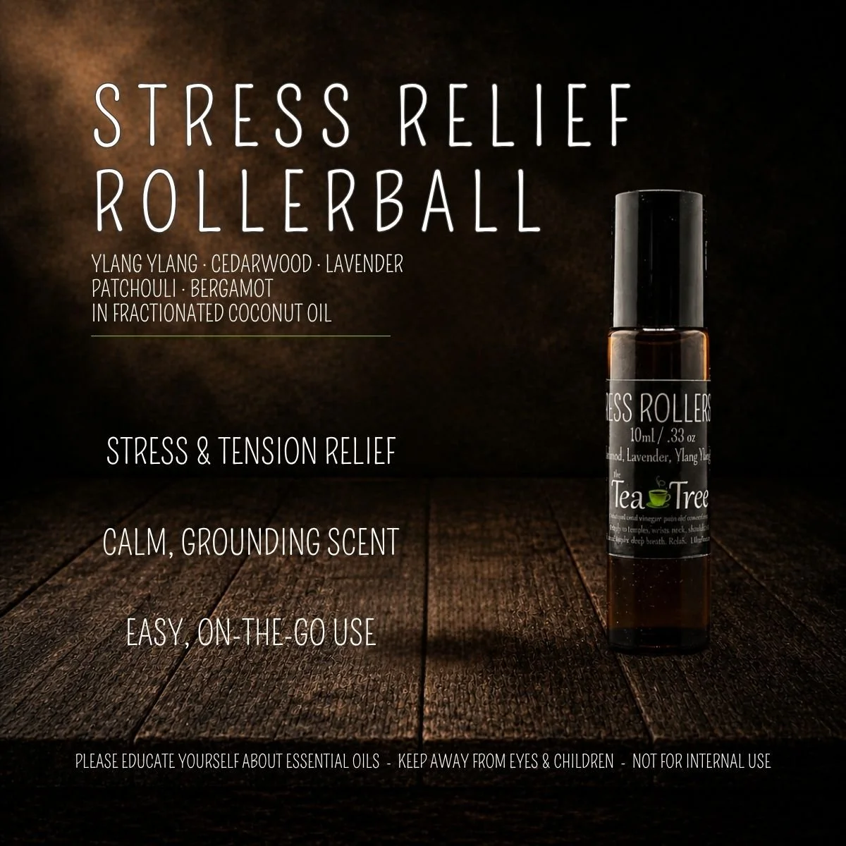 Stress Relief essential oil rollerball with cedarwood, lavender, ylang ylang, and bergamot for calming, on-the-go application