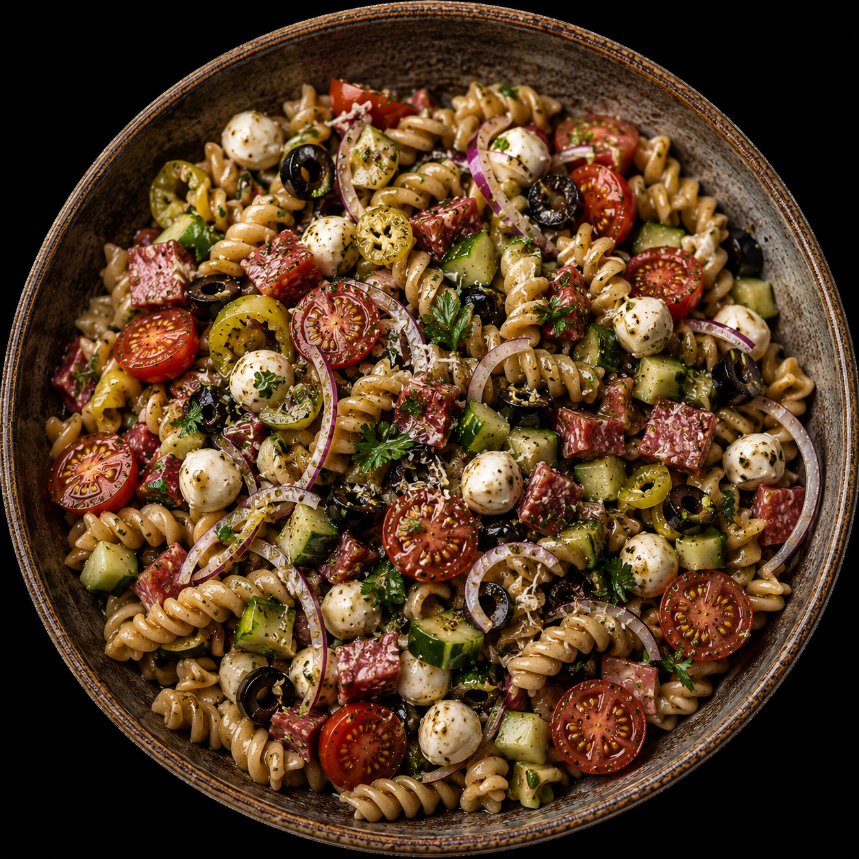 Italian antipasto pasta salad with rotini, salami, mozzarella, tomatoes, olives, cucumber and pepperoncini.