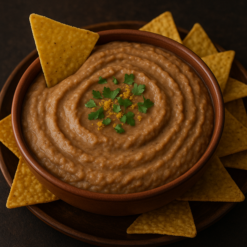 Bronco bean dip — smooth spiced bean dip with tortilla chips, The Tea Tree