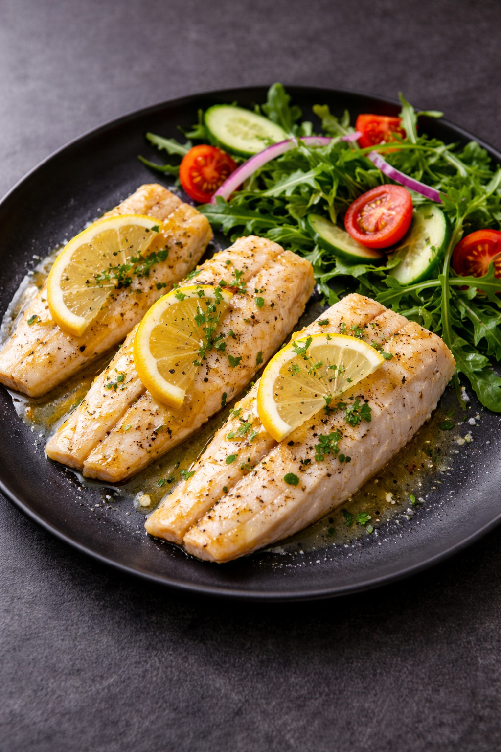 Lemon champagne whitefish — pan-seared white fish fillets with lemon slices and fresh herbs, The Tea Tree
