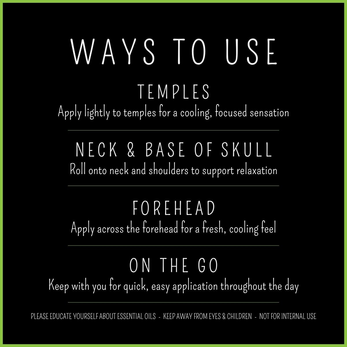 How to use headache essential oil rollerball on temples, neck, and forehead for a cooling, refreshing sensation