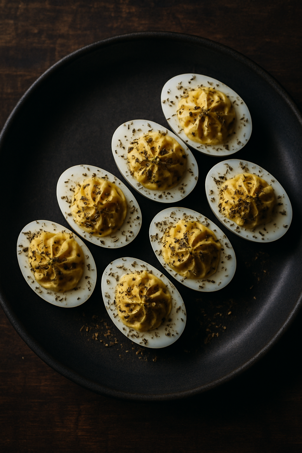 Herbes de Provence deviled eggs — piped deviled eggs with herbs on a black plate, The Tea Tree