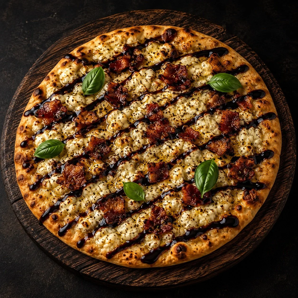 Smoky Fig Bacon Flatbread topped with mozzarella, goat cheese, crispy bacon, basil, and FIG BALSAMIC VINEGAR drizzle on a rustic wooden board.
