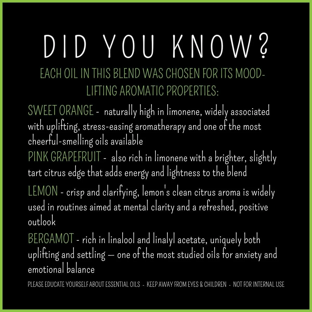 Did You Know card for Sunshine Blend spray explaining citrus oils and mood-supportive aromatherapy ingredients