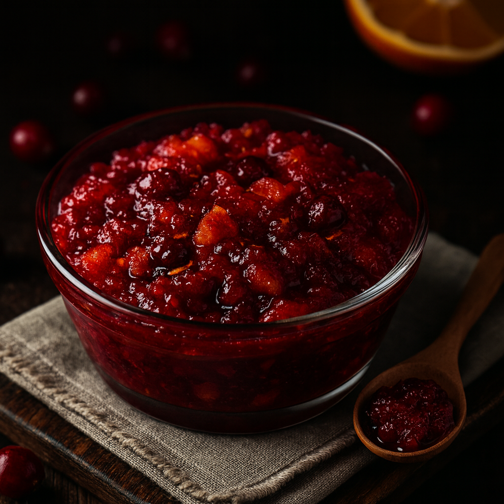 Cranberry relish — fresh cranberry sauce in a glass bowl, The Tea Tree