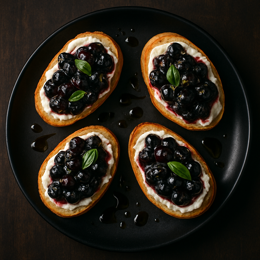 Blueberry basil bruschetta — toasted bread topped with fresh blueberries and basil on a black plate, The Tea Tree