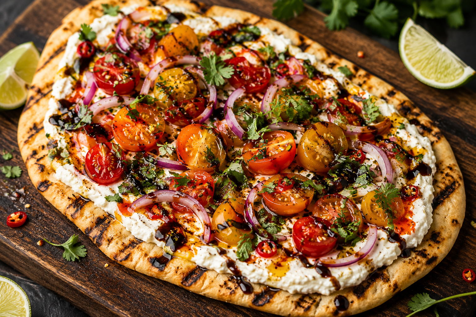 Grilled flatbread topped with whipped feta, cherry tomatoes, red onion, herbs, honey balsamic drizzle, and habanero lime flavors on a dark rustic serving board.