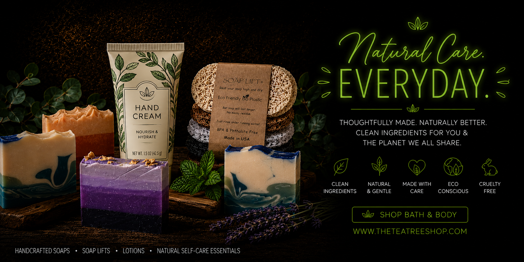 Dark moody bath and body banner for The Tea Tree featuring handmade artisan soaps, botanical hand cream, soap lifts, eucalyptus, lavender, and natural self-care products on a rustic wood background with glowing green text.