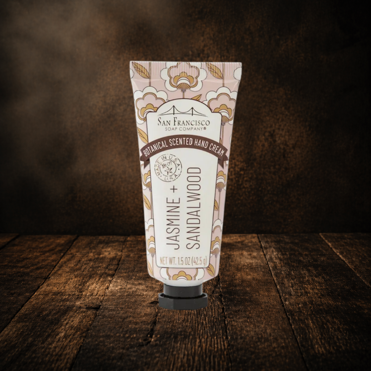 San Francisco Soap Company Violet and White Amber botanical scented hand cream 1.5 oz tube with lavender and gold art nouveau floral packaging, made in the USA