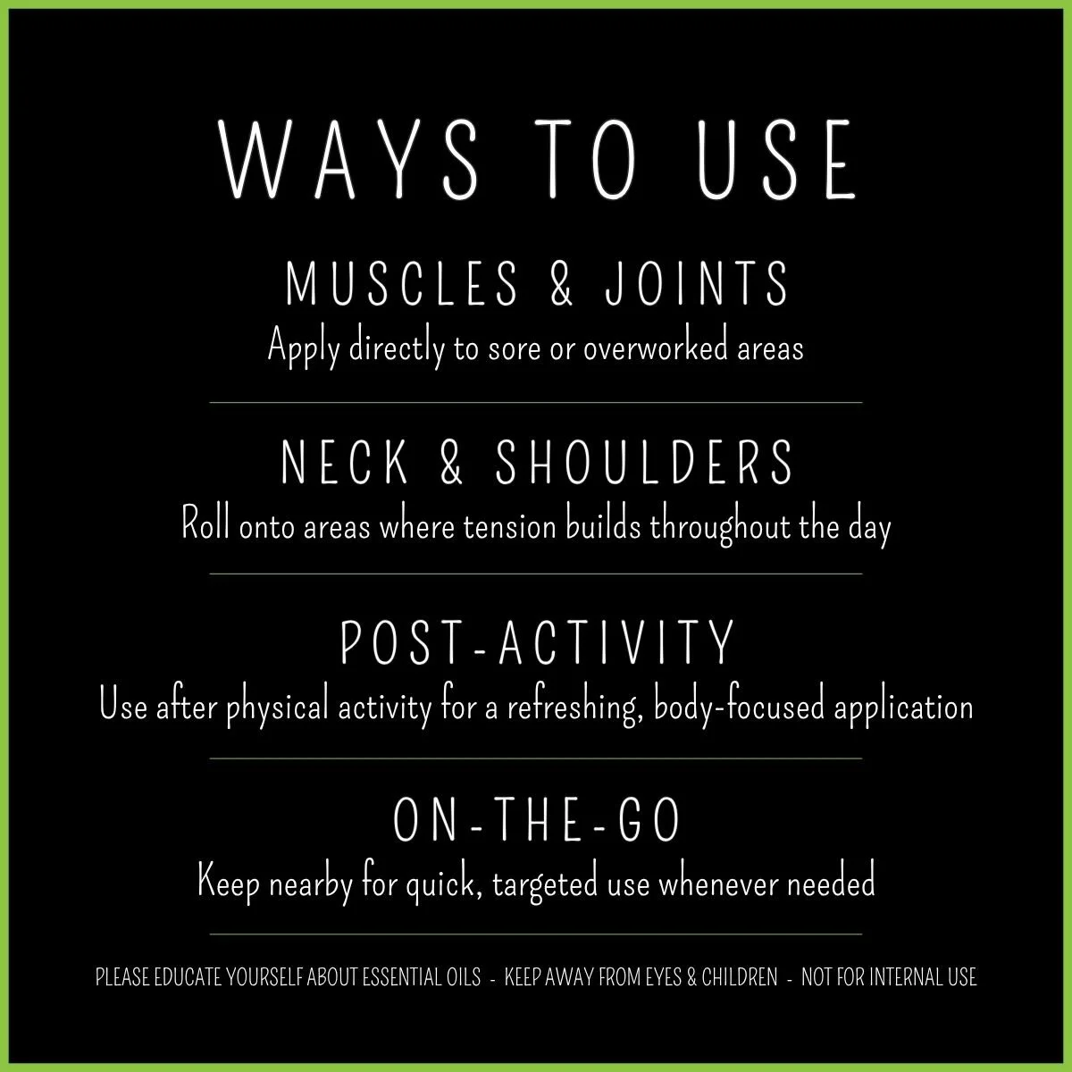 How to use muscle relief essential oil rollerball on sore muscles, neck, and shoulders for targeted application