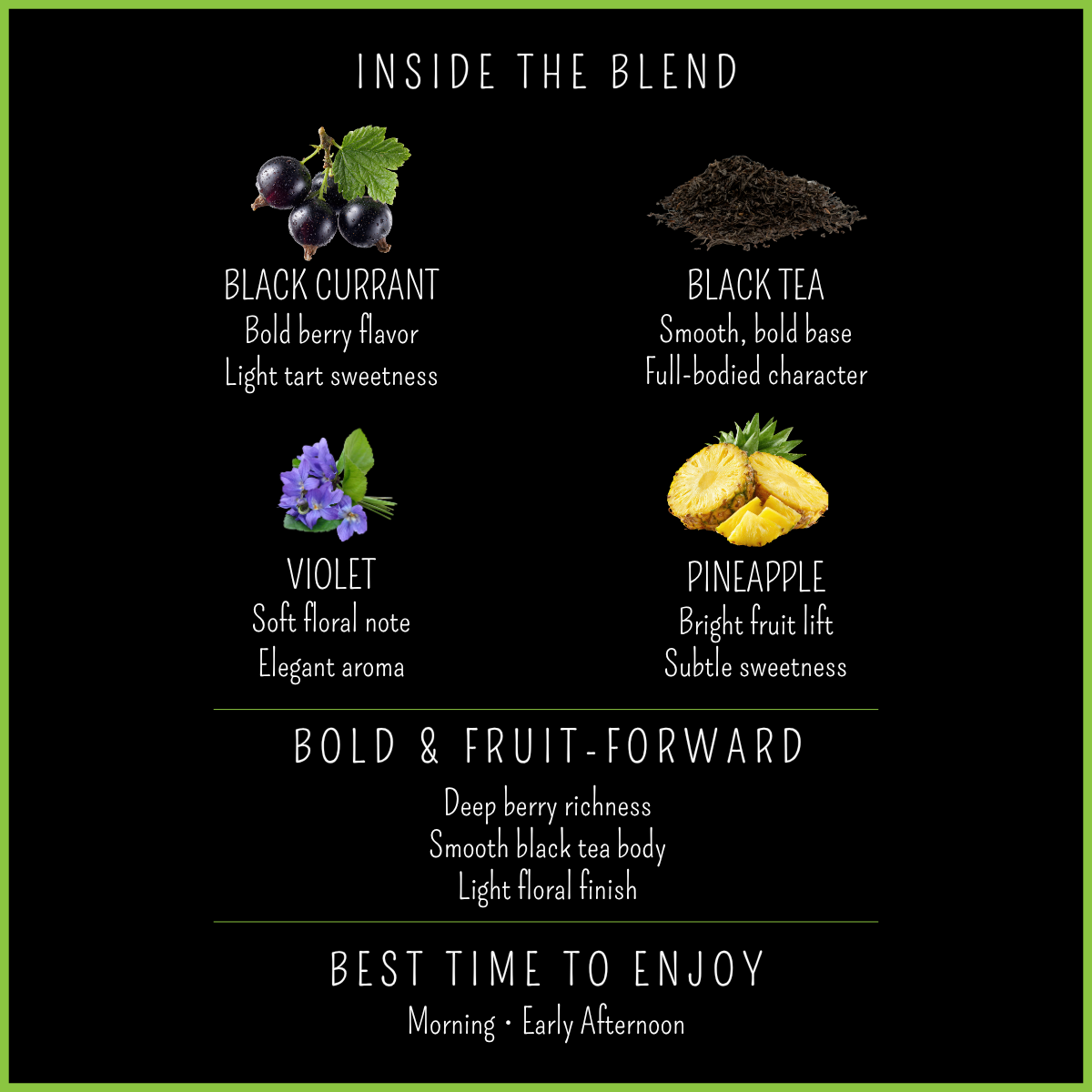 Key ingredients in Midnight Currant tea including black currant, violet, pineapple, and black tea for a rich berry flavor