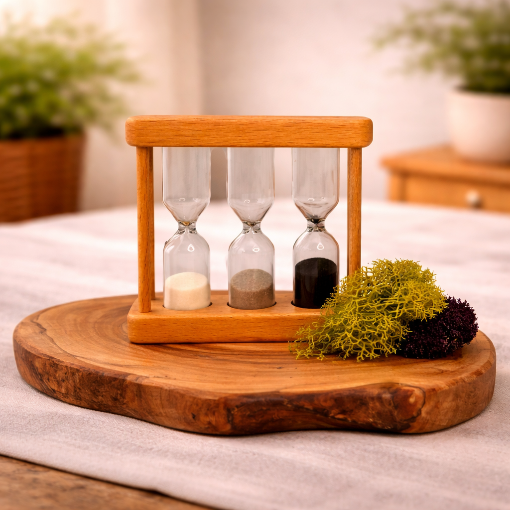 Sand Tea Timer — three color coded chambers for 2 3 and 5 minute steeping