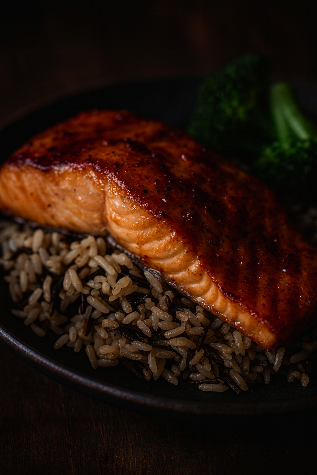 Savory balsamic spiced salmon — glazed salmon fillet over wild rice, The Tea Tree