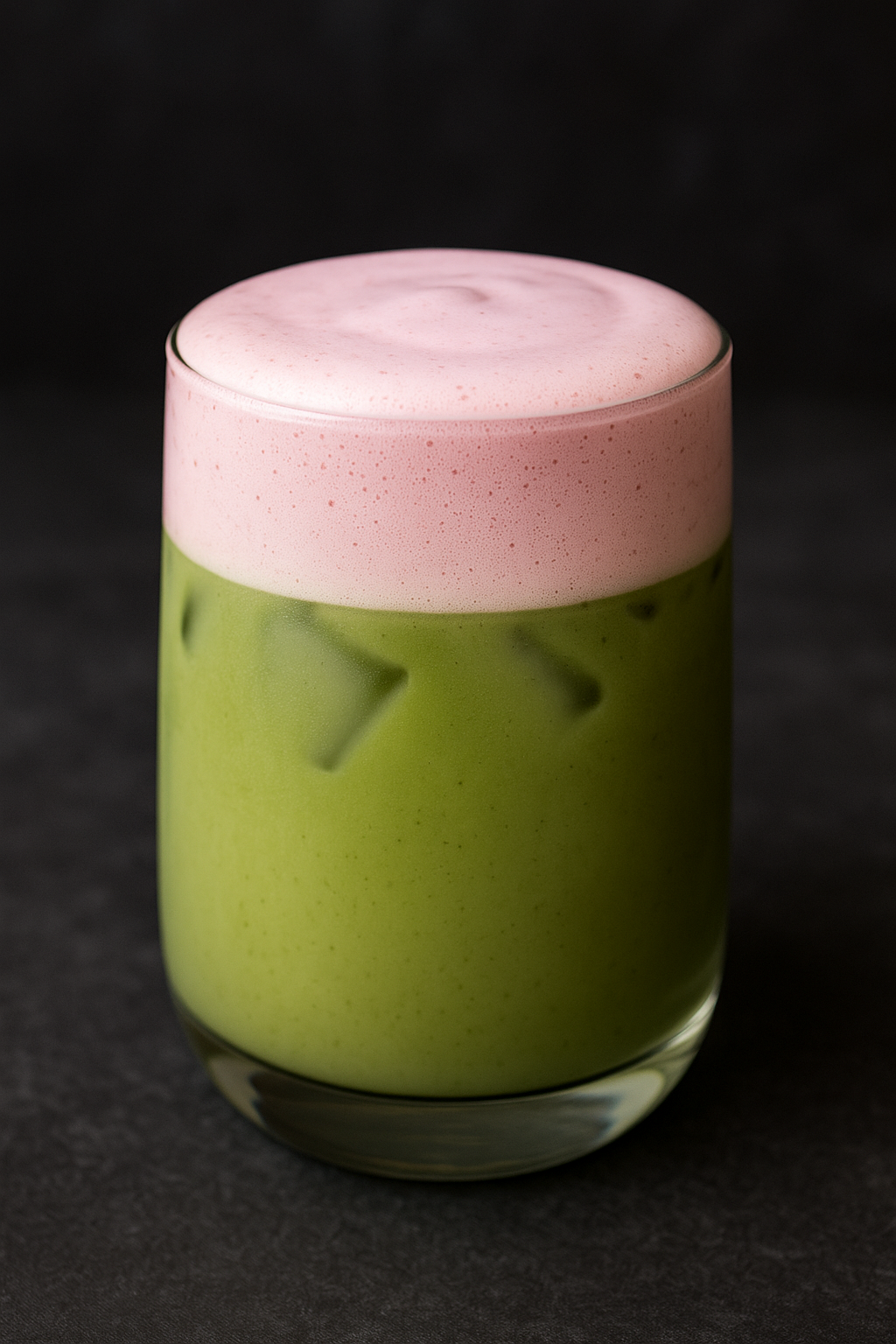 Iced matcha latte with strawberry cold foam — layered green matcha drink with pink foam, The Tea Tree