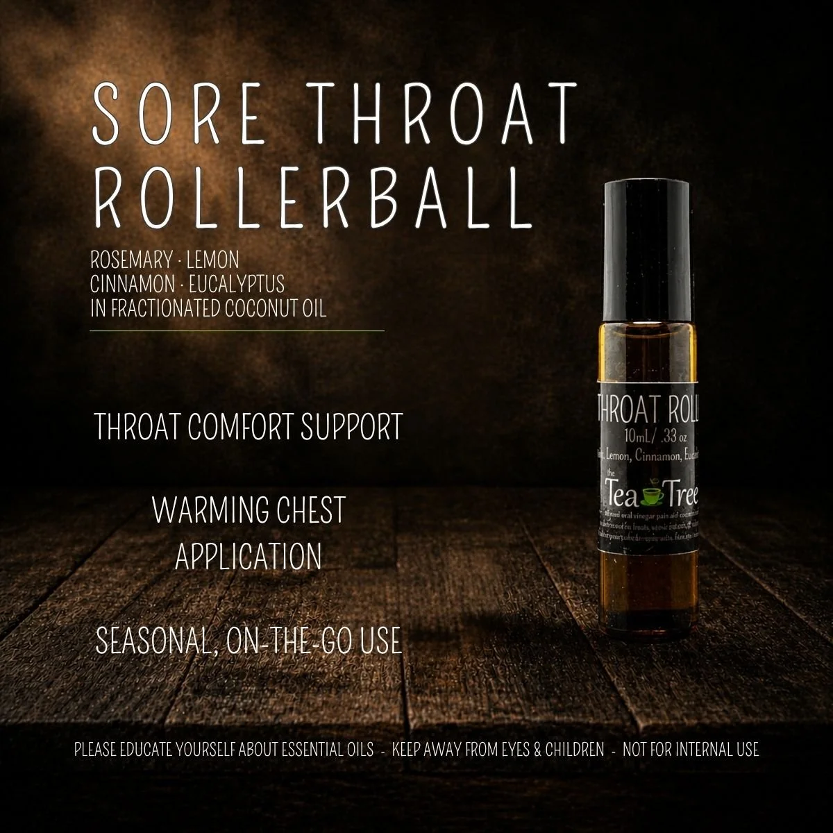 Sore throat essential oil rollerball with rosemary, lemon, cinnamon, and eucalyptus for warming neck and chest application
