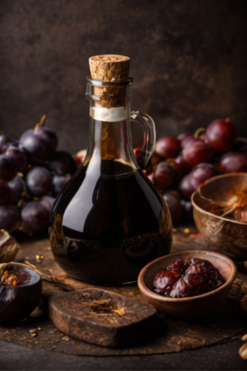 Balsamic vinegar collection — glass bottle of aged balsamic with dark grapes and wooden board, The Tea Tree