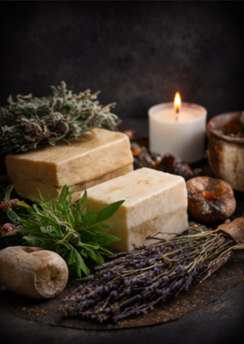 Bath and body collection — natural soap bars with lavender, herbs, and candle, The Tea Tree