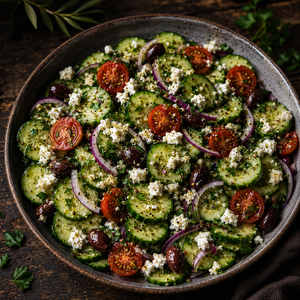 Mediterranean cucumber salad with tomatoes, feta, Kalamata olives, red onion and fresh herbs.