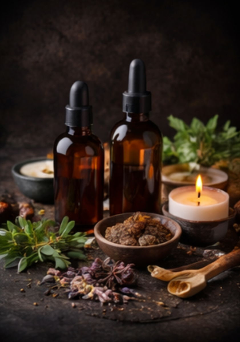 Essential oils collection — amber dropper bottles with botanicals, dried herbs, and candle, The Tea Tree