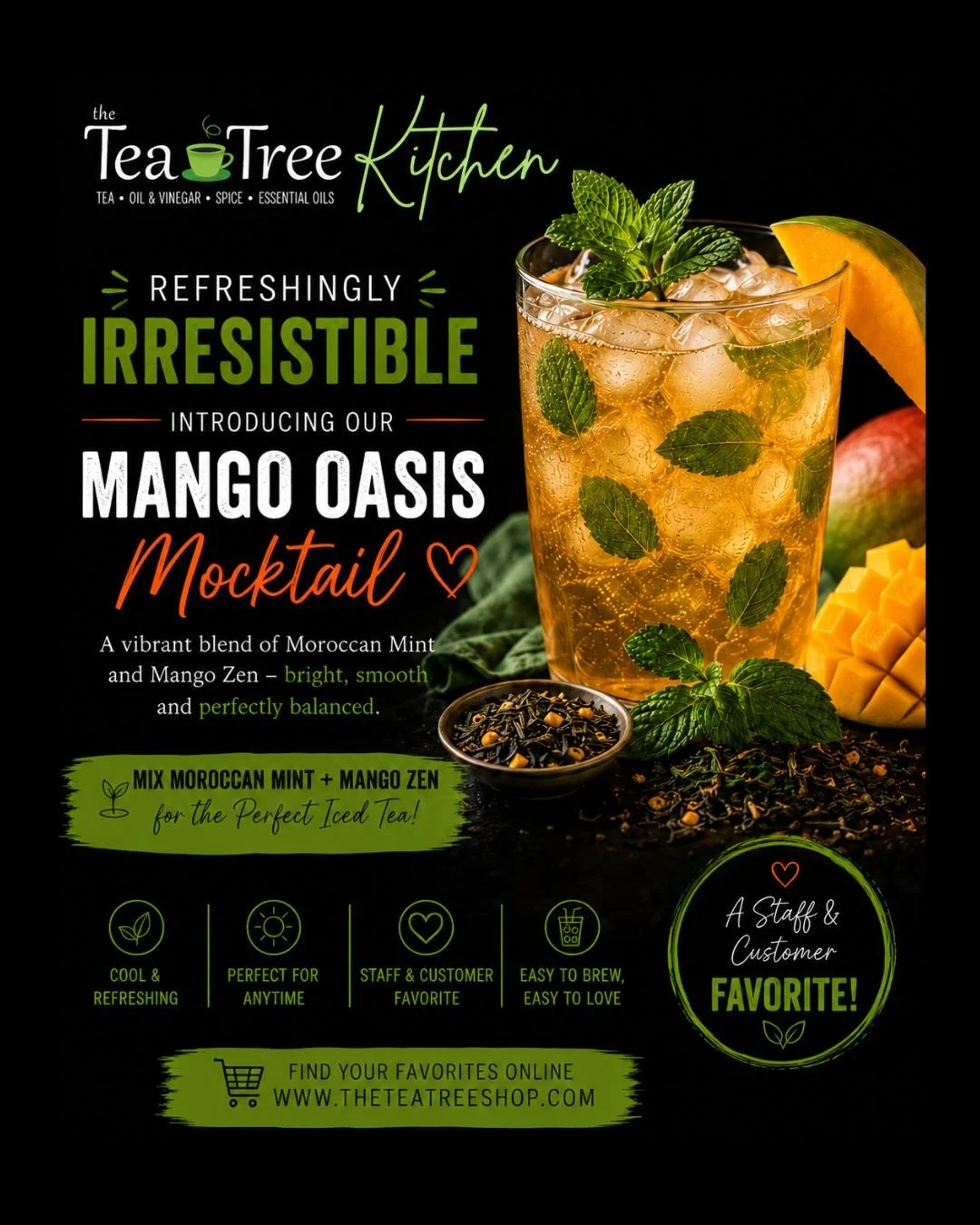 Mango Oasis iced tea mocktail with fresh mint and mango, featuring Tea Tree Kitchen's Moroccan Mint and Mango Zen tea blend.