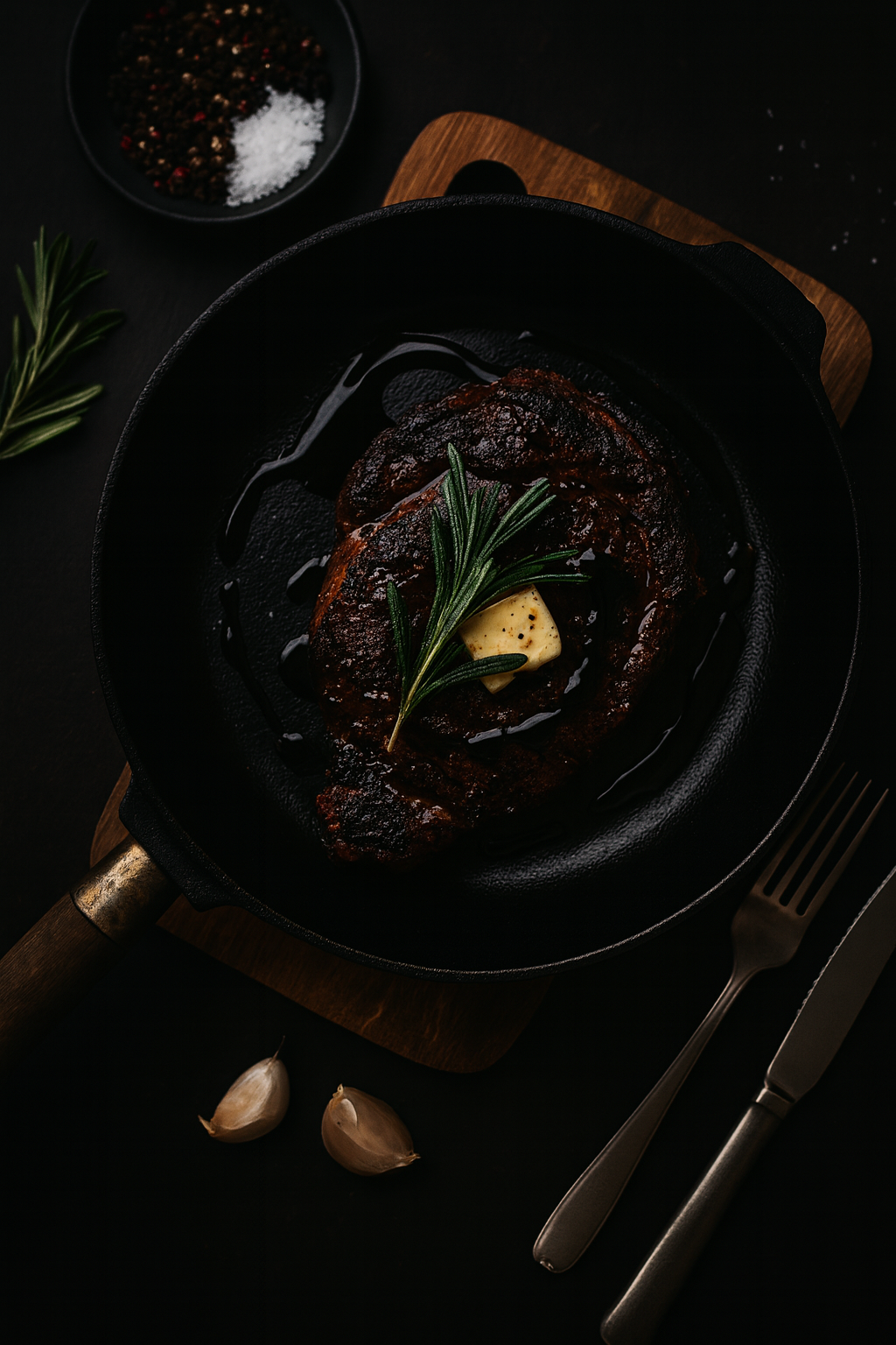 Wacky pepper crusted balsamic steak — seared pepper crusted steak with balsamic reduction and rosemary, The Tea Tree