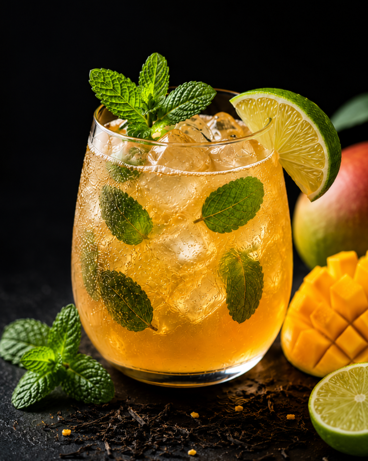 Refreshing Mango Oasis Mocktail made with Mango Zen and Moroccan Mint tea, served over ice with fresh mint, lime, and mango.