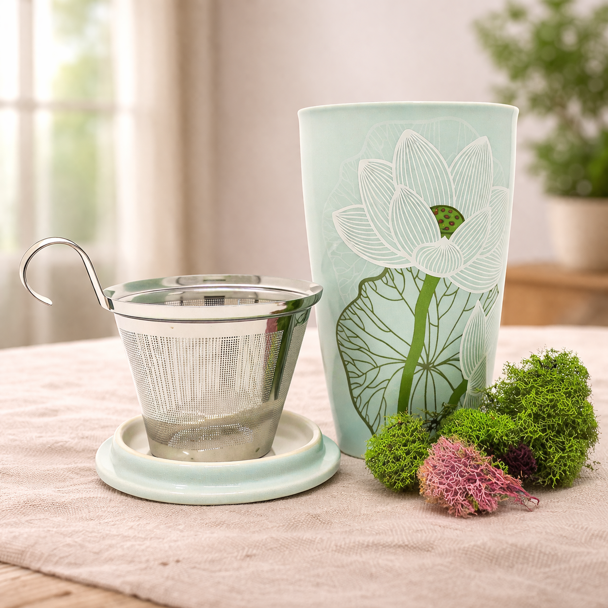 Lotus Tea Forte Mug with Infuser — double wall ceramic loose leaf tea cup — 12oz