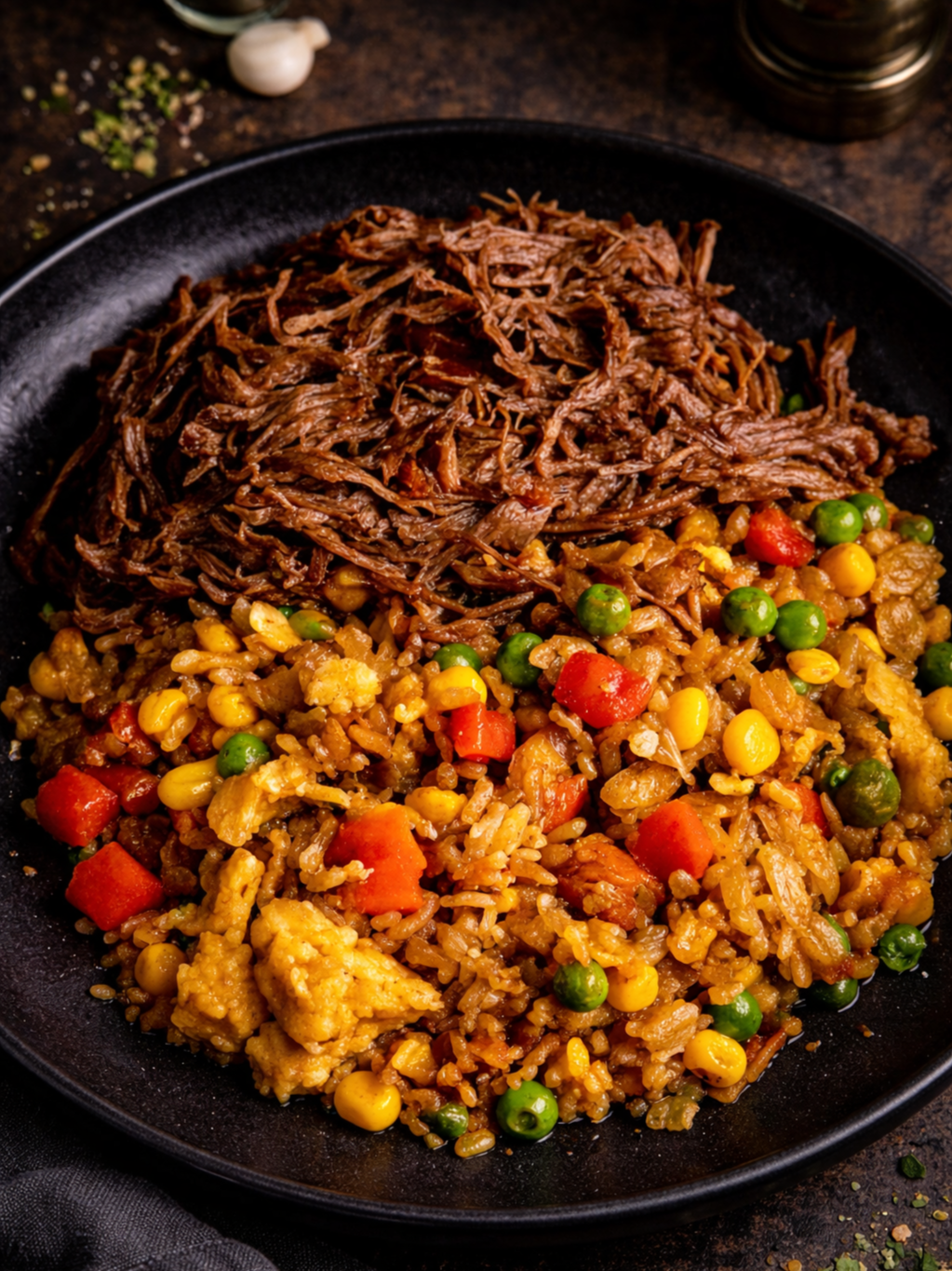 Kickin garlic pork fried rice — shredded pork over fried rice with peppers, corn, and peas, The Tea Tree