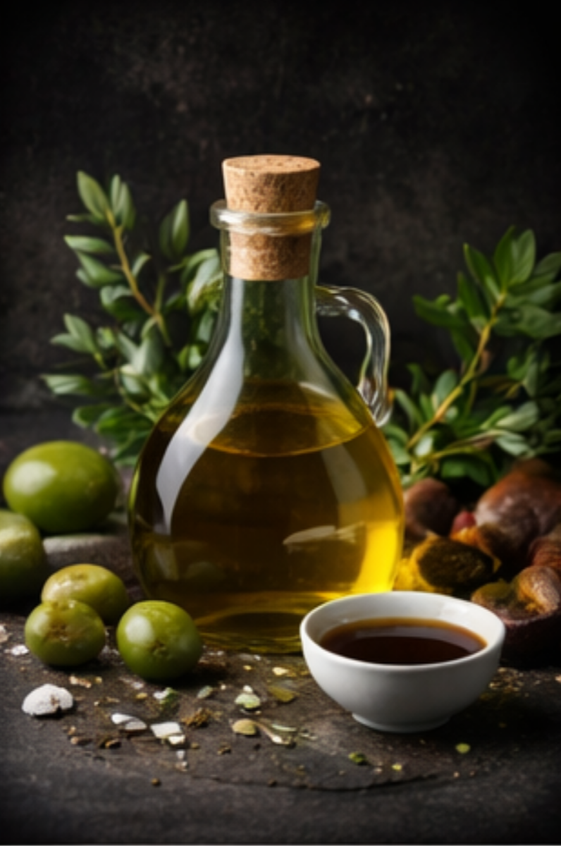 Olive oil collection — glass bottle of extra virgin olive oil with fresh olives and herbs, The Tea Tree