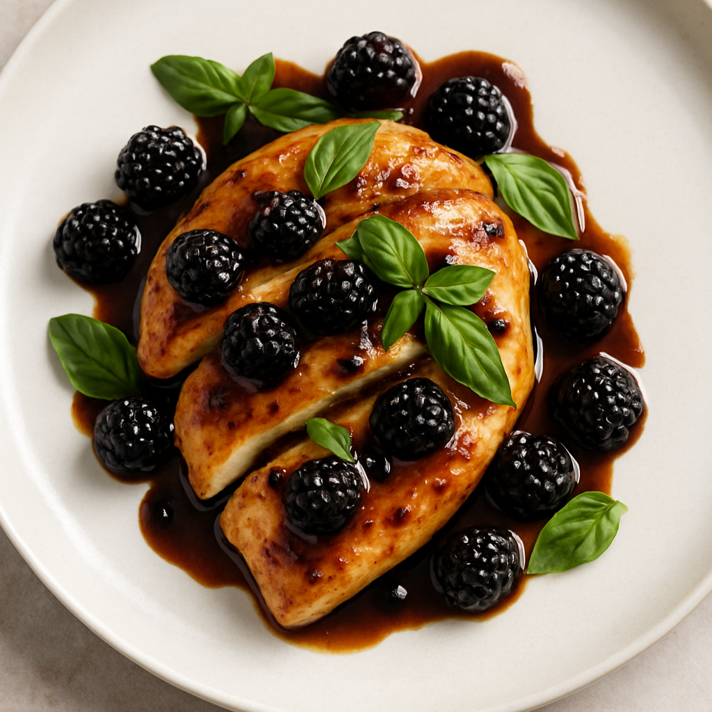 Blackberry balsamic and basil chicken — grilled chicken breasts with fresh blackberries and balsamic glaze, The Tea Tree