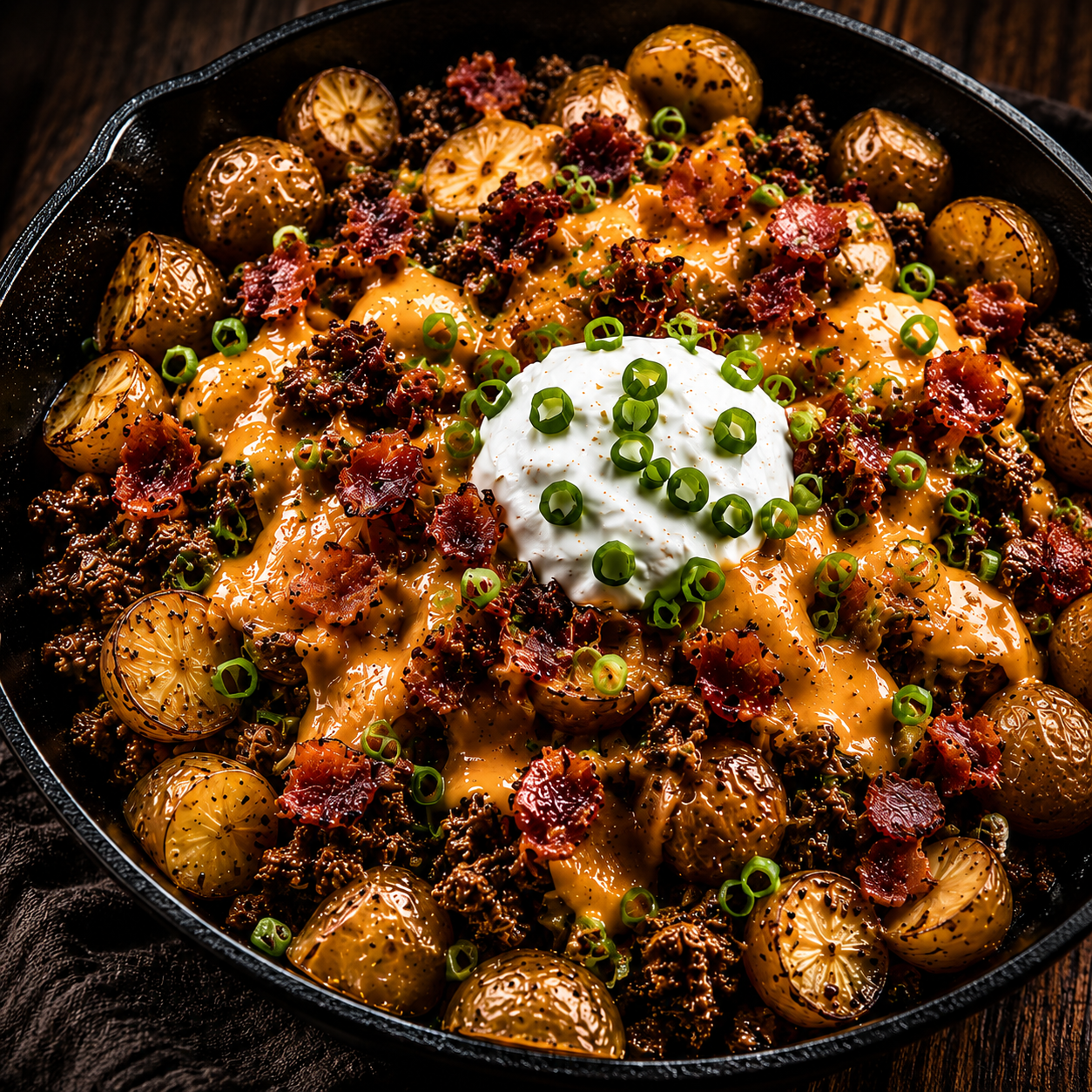 Cast iron skillet filled with loaded potatoes, seasoned ground beef, melted cheddar cheese, crispy bacon, sour cream, and green onions on a rustic dark background.