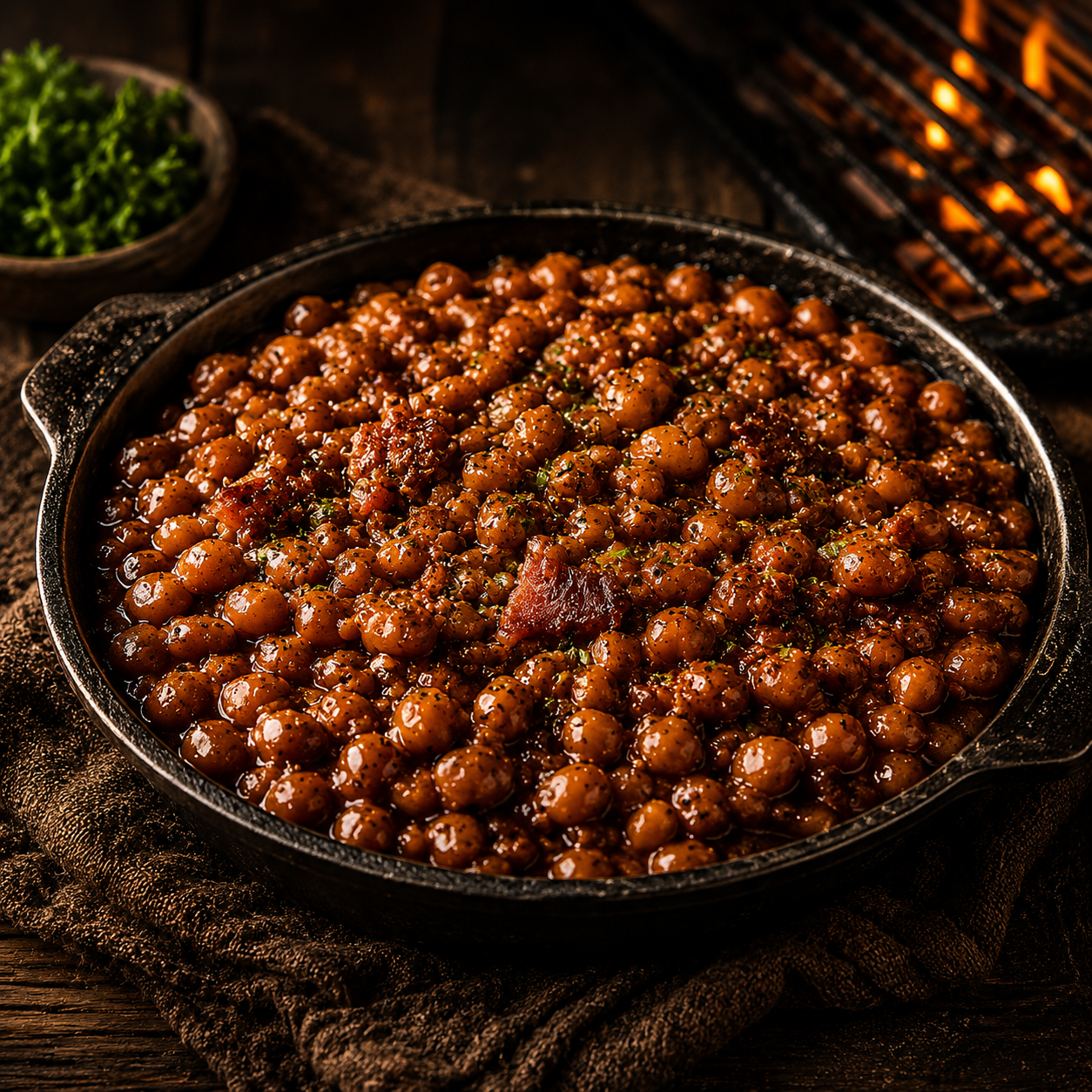Cast iron skillet filled with smoky bourbon baked beans topped with bacon and herbs beside a glowing grill for a Father’s Day BBQ recipe from The Tea Tree.