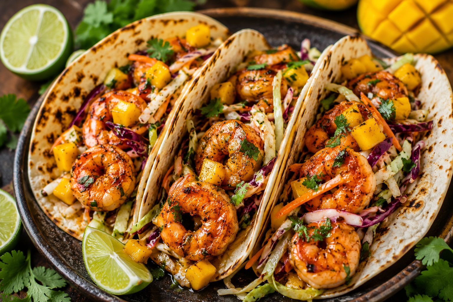 Grilled mango chipotle shrimp tacos topped with crunchy honey lime slaw, fresh cilantro, and lime wedges served on a rustic dark plate.