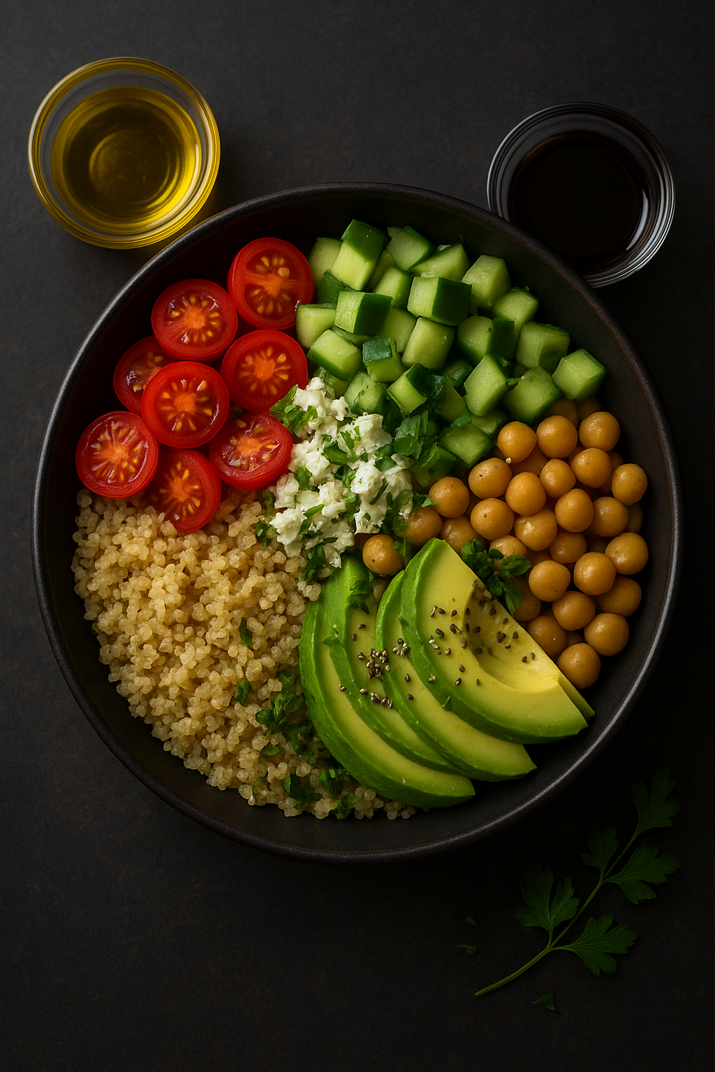The Glow Up power bowl — grain bowl with quinoa, avocado, cherry tomatoes, chickpeas, and cucumber, The Tea Tree