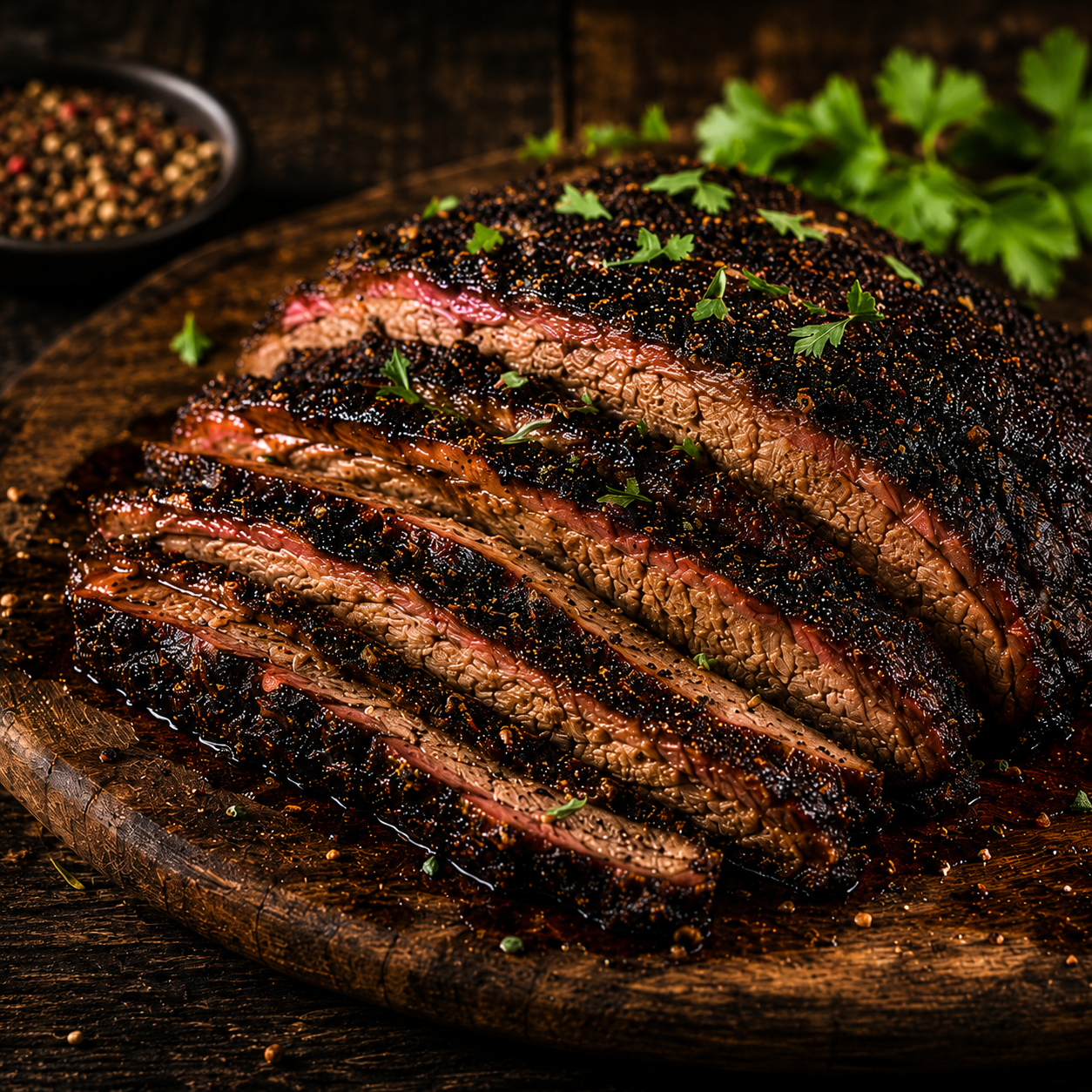 Close-up sliced smoked brisket with a dark peppery bark on a rustic wooden board, garnished with herbs and BBQ spices in a moody grilling scene.