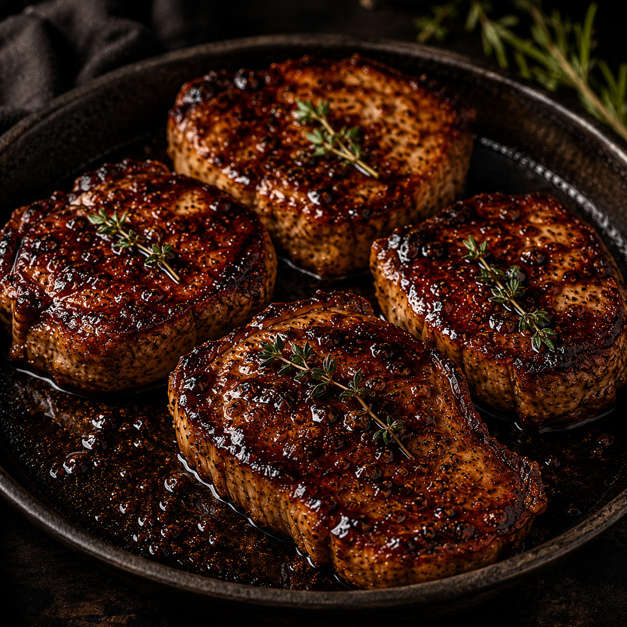 Bacon-Fig Balsamic Pork Chops glazed with FIG BALSAMIC VINEGAR and seasoned with HONEY, I SMOKED IT, garnished with fresh thyme.