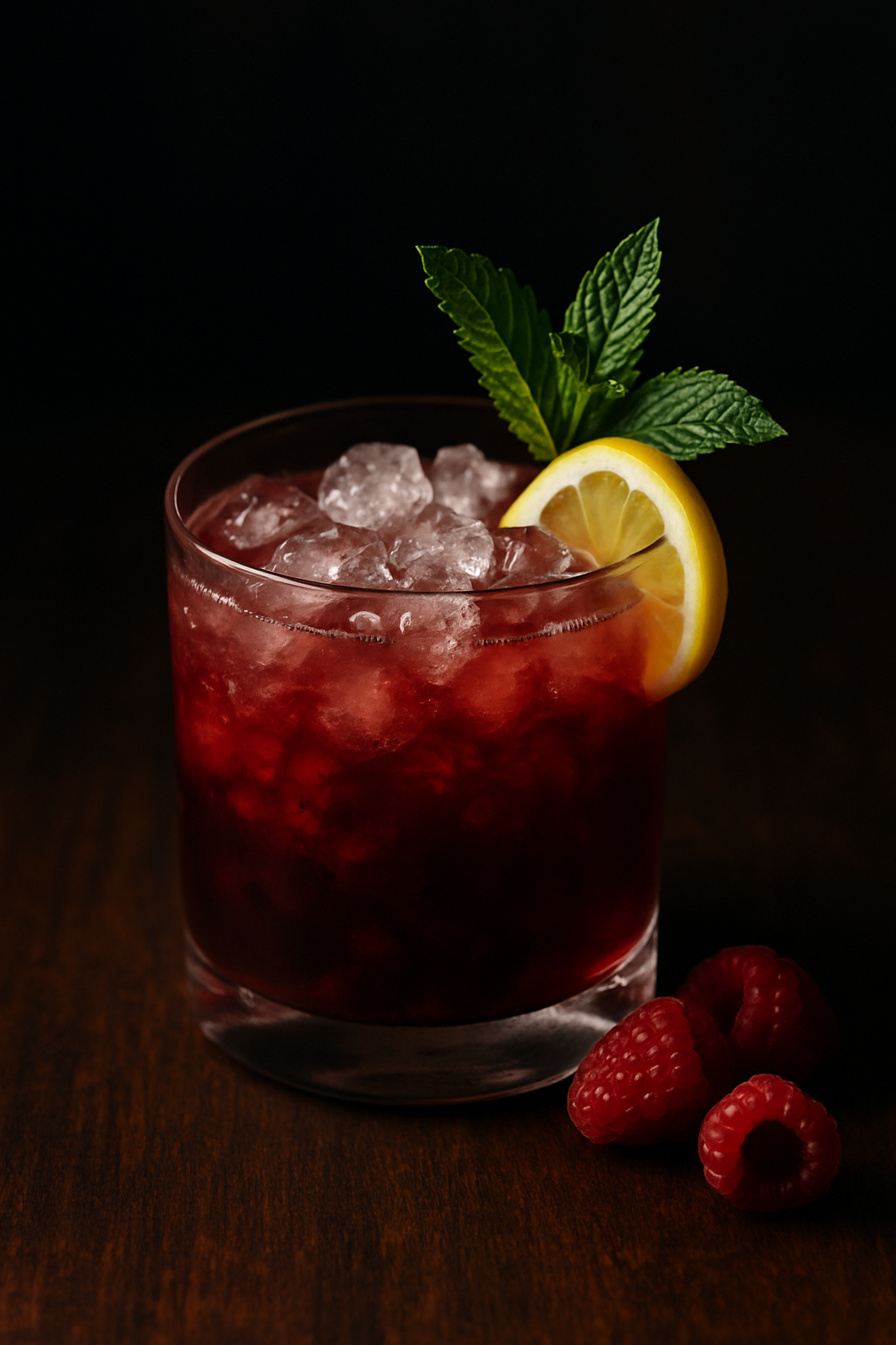 Raspberry balsamic mojito — iced raspberry cocktail with fresh mint and lemon garnish, The Tea Tree