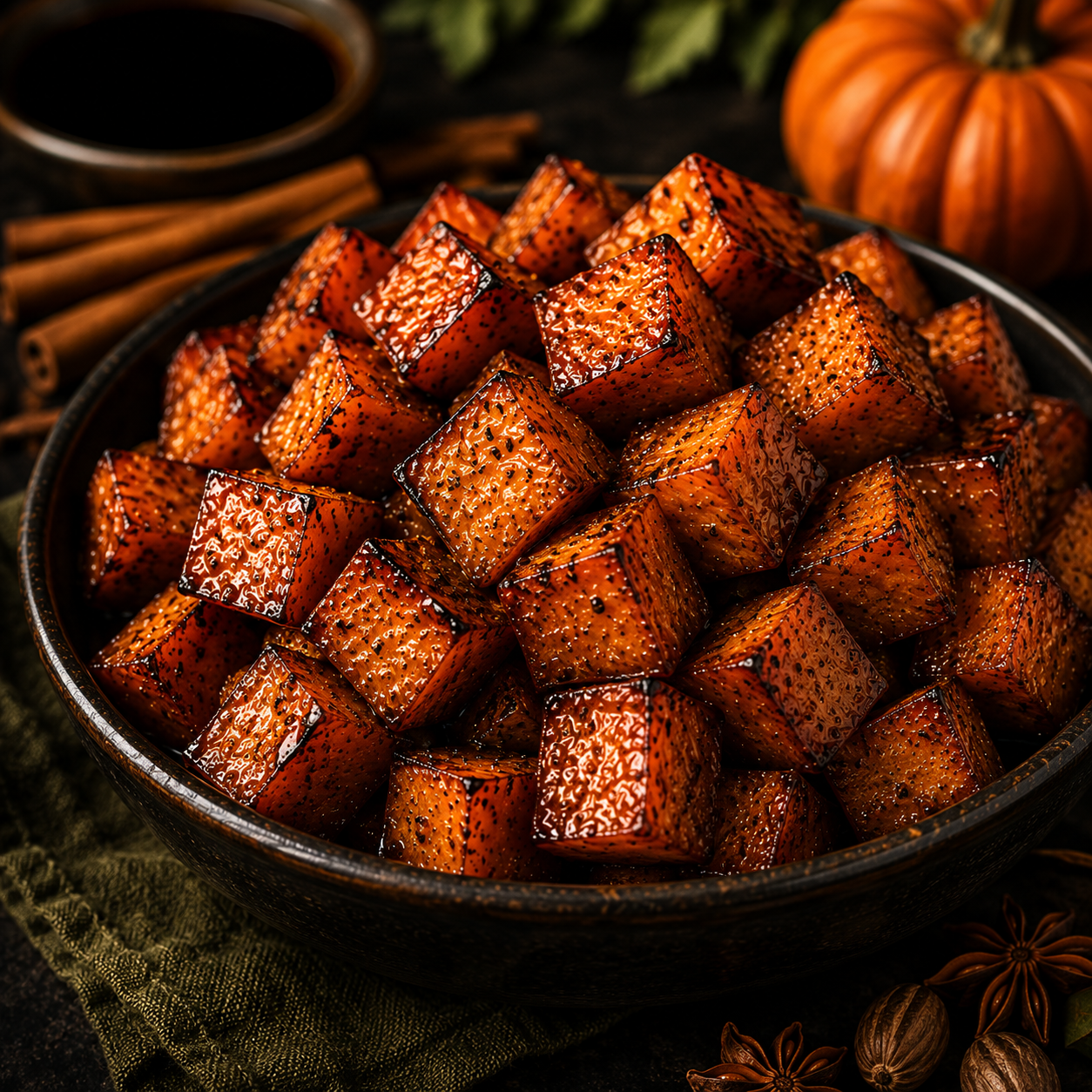 Roasted Pumpkin Spice Sweet Potatoes glazed with pumpkin spice balsamic and butter infused olive oil.