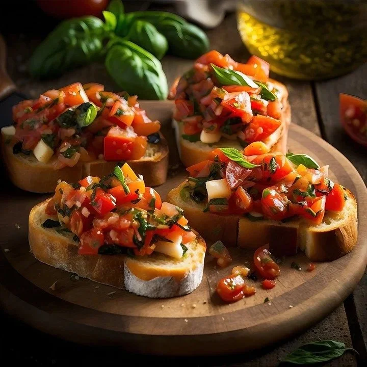 Basil and strawberry balsamic bruschetta — tomato and fresh basil topping on toasted bread, The Tea Tree