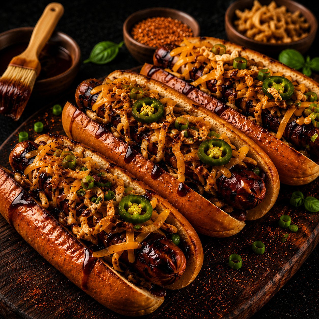 Close-up loaded grilled hot dogs topped with cheese, crispy onions, jalapeños, and barbecue sauce on toasted buns in a dark moody BBQ setting.