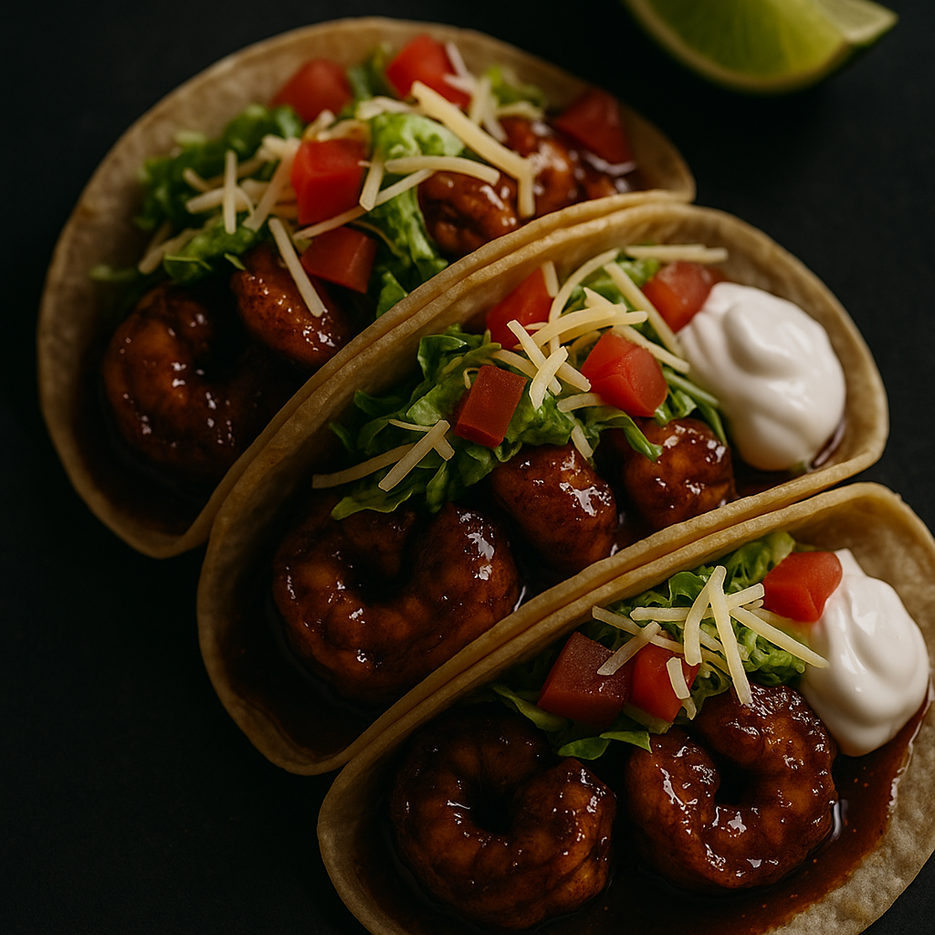 Lime and glazed onion balsamic seafood tacos — shrimp tacos with cabbage slaw, tomato, and sour cream, The Tea Tree