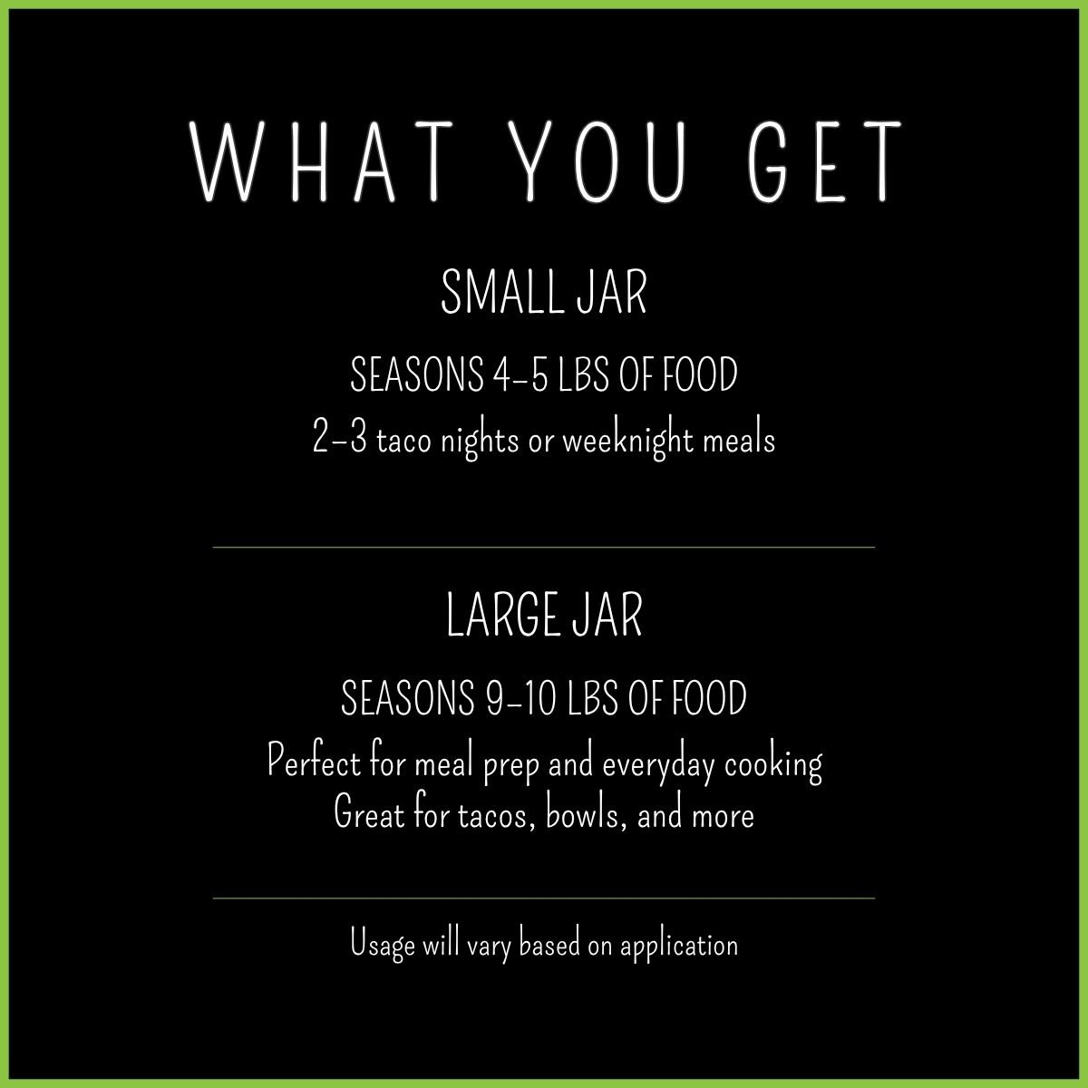 Southwest Seasoning jar yield guide – small and large jar amounts