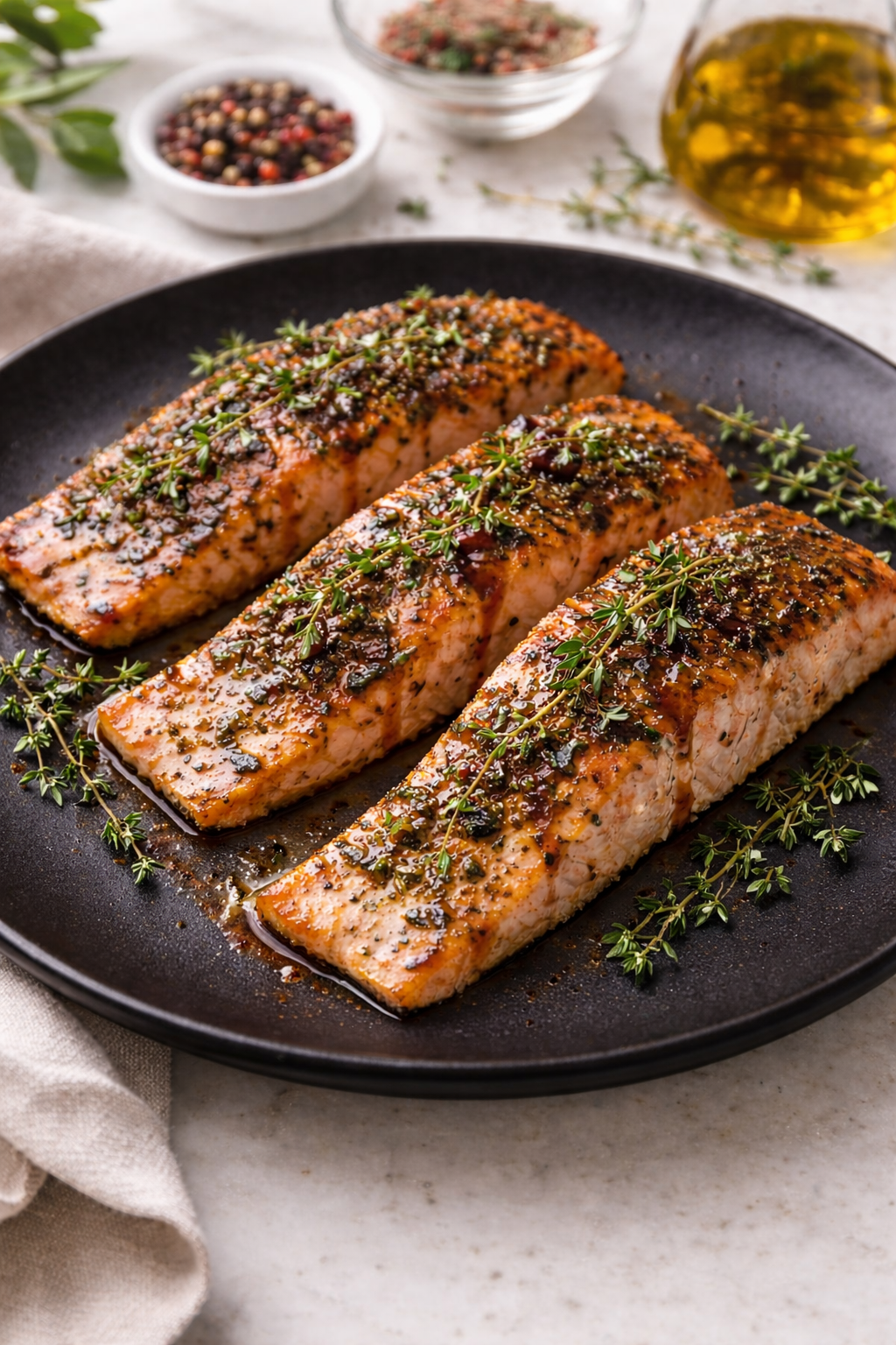 Winterberry herbed salmon — pan-seared salmon fillets with fresh thyme and herb crust, The Tea Tree