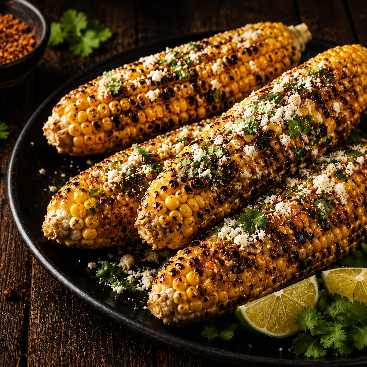 Close-up platter of charred grilled elote corn topped with crumbled cheese, cilantro, chili seasoning, and lime wedges on a dark rustic table.
