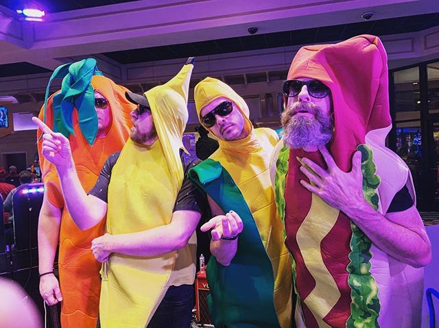 Sup. We&rsquo;re a band called &ldquo;Food Fight.&rdquo; .
.
.
.
.
.
#foodfight #coverband #party #casinoshow #junkfm #carrot #banana #cornonthecob #hotdog #things #stuff #wtf #littlesix #lifeisweird #jackpot #halloween #halloweencostume #groupcostum