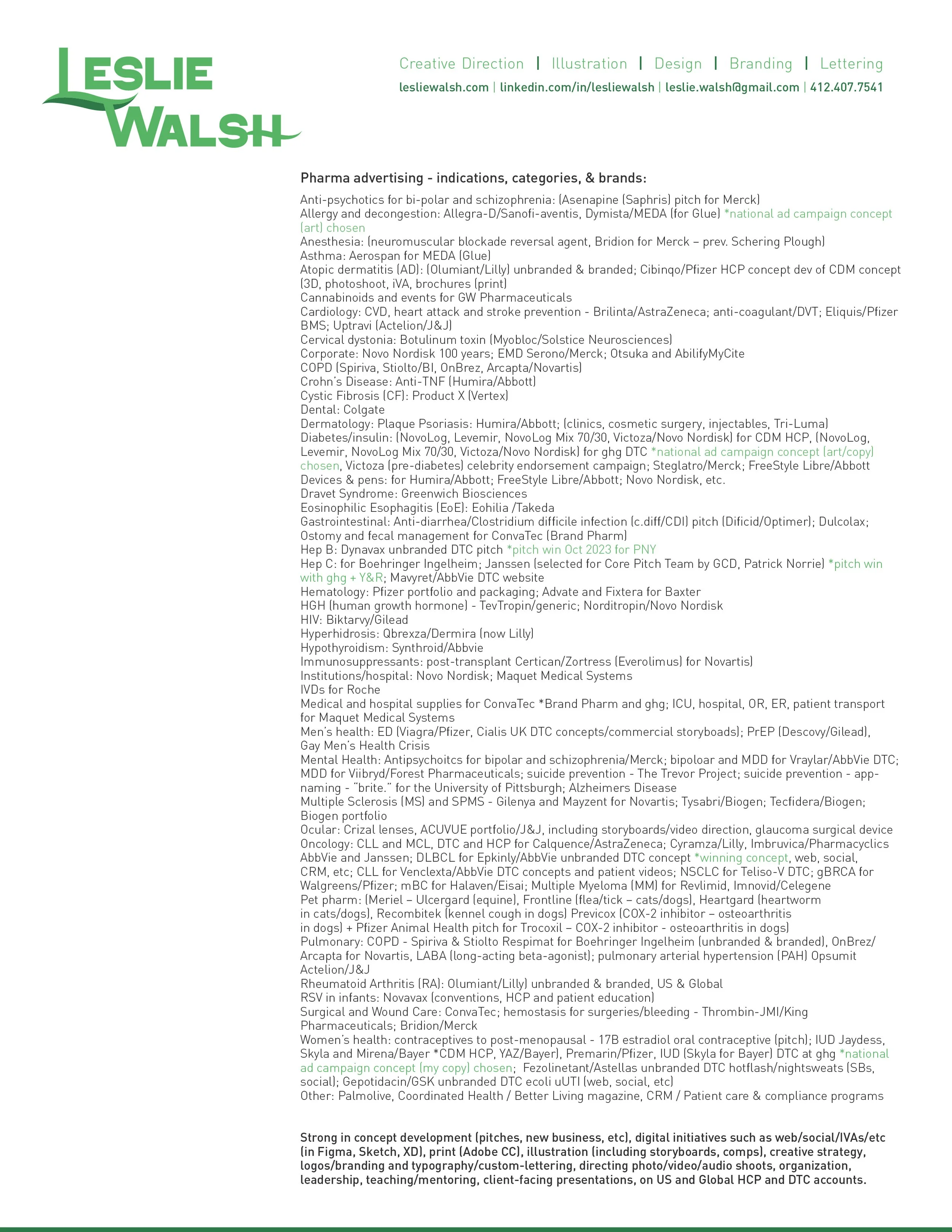 List of Pharma advertising indications and brands on which I've worked.
