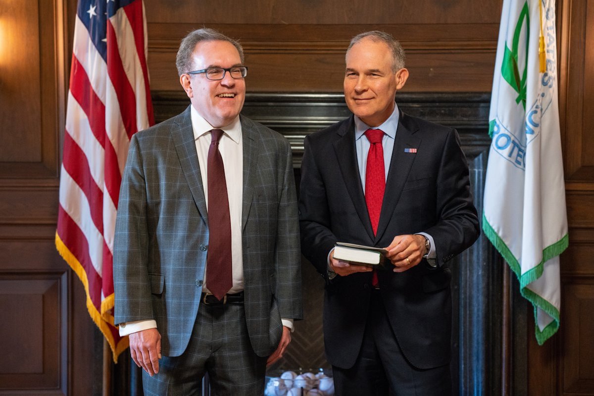 Andrew Wheeler (L) will serve as acting Environmental Protection Agency administrator while President Trump looks for a successor to Scott Pruitt. Credit: EPA